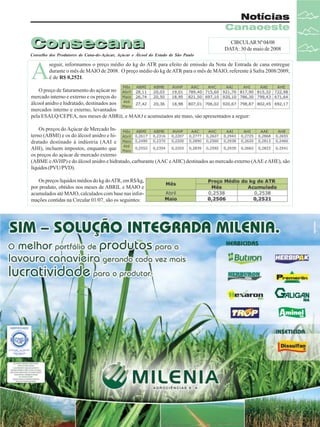 Notícias
Canaoeste

Consecana

CIRCULAR Nº 04/08
DATA: 30 de maio de 2008

Conselho dos Produtores de Cana-de-Açúcar, Açúcar e Álcool do Estado de São Paulo

A

seguir, informamos o preço médio do kg do ATR para efeito de emissão da Nota de Entrada de cana entregue
durante o mês de MAIO de 2008. O preço médio do kg de ATR para o mês de MAIO, referente à Safra 2008/2009,
é de R$ 0,2521.

O preço de faturamento do açúcar no
mercado interno e externo e os preços do
álcool anidro e hidratado, destinados aos
mercados interno e externo, levantados
pela ESALQ/CEPEA, nos meses de ABRIL e MAIO e acumulados até maio, são apresentados a seguir:
Os preços do Açúcar de Mercado Interno (ABMI) e os do álcool anidro e hidratado destinado à indústria (AAI e
AHI), incluem impostos, enquanto que
os preços do açúcar de mercado externo
(ABME e AVHP) e do álcool anidro e hidratado, carburante (AAC e AHC) destinados ao mercado externo (AAE e AHE), são
líquidos (PVU/PVD).
Os preços líquidos médios do kg do ATR, em R$/kg,
por produto, obtidos nos meses de ABRIL e MAIO e
acumulados até MAIO, calculados com base nas informações contidas na Circular 01/07, são os seguintes:

Revista Canavieiros - Junho de 2008

15

 