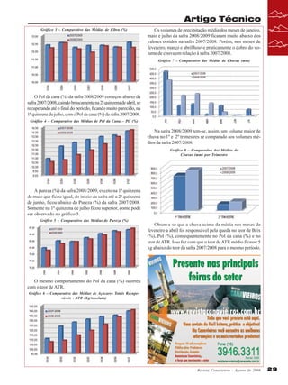 Artigo Técnico
Gráfico 3 – Comparativo das Médias de Fibra (%)

Os volumes de precipitação média dos meses de janeiro,
maio e julho da safra 2008/2009 ficaram muito abaixo dos
valores obtidos na safra 2007/2008. Porém, nos meses de
fevereiro, março e abril houve praticamente o dobro do volume de chuva em relação à safra 2007/2008.
Gráfico 7 – Comparativo das Médias de Chuvas (mm)

O Pol da cana (%) da safra 2008/2009 começou abaixo da
safra 2007/2008, caindo bruscamente na 2ª quinzena de abril, se
recuperando até o final do período, ficando muito parecido, na
1ª quinzena de julho, com o Pol da cana (%) da safra 2007/2008.
Gráfico 4 – Comparativo das Médias de Pol da Cana – PC (%)

Na safra 2008/2009 tem-se, assim, um volume maior de
chuva no 1º e 2º trimestres se comparado aos volumes médios da safra 2007/2008.
Gráfico 8 – Comparativo das Médias de
Chuvas (mm) por Trimestre

A pureza (%) da safra 2008/2009, exceto na 1ª quinzena
de maio que ficou igual, do início da safra até a 2ª quinzena
de junho, ficou abaixo da Pureza (%) da safra 2007/2008.
Somente na 1ª quinzena de julho ficou superior, como pode
ser observado no gráfico 5.
Gráfico 5 – Comparativo das Médias de Pureza (%)

Observa-se que a chuva acima da média nos meses de
fevereiro a abril foi responsável pela queda no teor de Brix
(%), Pol (%), consequentemente no Pol da cana (%) e no
teor de ATR. Isso fez com que o teor de ATR médio ficasse 5
kg abaixo do teor da safra 2007/2008 para o mesmo período.

O mesmo comportamento do Pol da cana (%) ocorreu
com o teor de ATR.
Gráfico 6 – Comparativo das Médias de Açúcares Totais Recuperáveis - ATR (Kg/tonelada)

Revista Canavieiros - Agosto de 2008

29

 