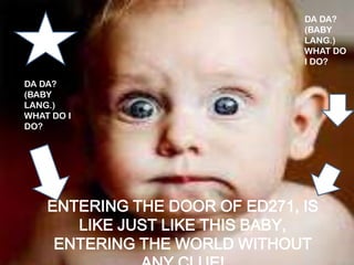 DA DA?
                                (BABY
                                LANG.)
                                WHAT DO
                                I DO?

DA DA?
(BABY
LANG.)
WHAT DO I
DO?




    ENTERING THE DOOR OF ED271, IS
       LIKE JUST LIKE THIS BABY,
     ENTERING THE WORLD WITHOUT
 