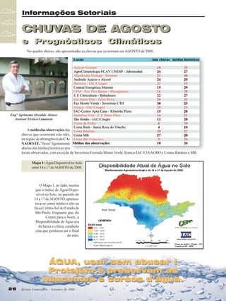 Informações Setoriais

CHUVAS DE AGOSTO
e Prognósticos Climáticos
e Prognósticos Climáticos
No quadro abaixo, são apresentadas as chuvas que ocorreram em AGOSTO de 2008.

Engº Agrônomo Oswaldo Alonso
Assessor Técnico Canaoeste

A média das observações das
chuvas que ocorreram este mês,
na região de abrangência da CANAOESTE, “ficou” ligeiramente
abaixo das médias históricas dos
locais observados, com exceção de Severínia-Fazenda Monte Verde, Franca-IAC/CIAAGRO e Usinas Batatais e MB.
Mapa 1: Água Disponível no Solo
entre 14 a 17 de AGOSTO de 2008.

O Mapa 1, ao lado, mostra
que o índice de Água Disponível no Solo, no período de
14 a 17 de AGOSTO, apresentava-se como médio a alto na
faixa Centro-Sul do Estado de
São Paulo. Enquanto que, do
Centro para o Norte, a
Disponibilidade de Água era
de baixa a crítica, condição
esta que perdurou até o final
do mês.

ÁGUA, usar sem abusar !
Protejam e preservem as
nascentes e cursos d’água.
26

Revista Canavieiros - Setembro de 2008

 