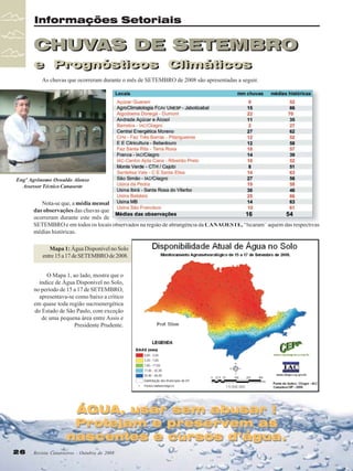 Informações Setoriais

CHUVAS DE SETEMBRO
e Prognósticos Climáticos
e Prognósticos Climáticos
As chuvas que ocorreram durante o mês de SETEMBRO de 2008 são apresentadas a seguir.

Engº Agrônomo Oswaldo Alonso
Assessor Técnico Canaoeste

Nota-se que, a média mensal
das observações das chuvas que
ocorreram durante este mês de
SETEMBRO e em todos os locais observados na região de abrangência da CANAOESTE, “ficaram” aquém das respectivas
médias históricas.
Mapa 1: Água Disponível no Solo
entre 15 a 17 de SETEMBRO de 2008.
O Mapa 1, ao lado, mostra que o
índice de Água Disponível no Solo,
no período de 15 a 17 de SETEMBRO,
apresentava-se como baixo a crítico
em quase toda região sucroenergética
do Estado de São Paulo, com exceção
de uma pequena área entre Assis e
Presidente Prudente.

ÁGUA, usar sem abusar !
Protejam e preservem as
nascentes e cursos d’água.
26

Revista Canavieiros - Outubro de 2008

 