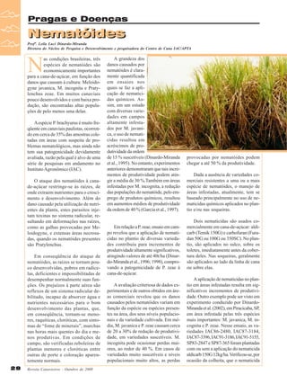 Pragas e Doenças

Nematóides
Nematóides
Profª. Leila Luci Dinardo-Miranda
Diretora do Núcleo de Pesquisa e Desenvolvimento e pesquisadora do Centro de Cana IAC/APTA

N

as condições brasileiras, três
espécies de nematóides são
economicamente importantes
para a cana-de-açúcar, em função dos
danos que causam à cultura: Meloidogyne javanica, M. incognita e Pratylenchus zeae. Em muitos canaviais
pouco desenvolvidos e com baixa produção, são encontradas altas populações de pelo menos uma delas.
A espécie P. brachyurus é muito freqüente em canaviais paulistas, ocorrendo em cerca de 35% das amostras coletadas em áreas com suspeita de problemas nematológicos, mas ainda não
tem sua patogenicidade devidamente
avaliada, razão pela qual é alvo de uma
série de pesquisas em andamento no
Instituto Agronômico (IAC).
O ataque dos nematóides à canade-açúcar restringe-se às raízes, de
onde extraem nutrientes para o crescimento e desenvolvimento. Além do
dano causado pela utilização de nutrientes da planta, estes parasitos injetam toxinas no sistema radicular, resultando em deformações nas raízes,
como as galhas provocadas por Meloidogyne, e extensas áreas necrosadas, quando os nematóides presentes
são Pratylenchus.
Em conseqüência do ataque de
nematóides, as raízes se tornam pouco desenvolvidas, pobres em radicelas, deficientes e impossibilitadas de
desempenhar normalmente suas funções. Os prejuízos à parte aérea são
reflexos de um sistema radicular debilitado, incapaz de absorver água e
nutrientes necessários para o bom
desenvolvimento das plantas, que,
em conseqüência, tornam-se menores, raquíticas, cloróticas, com sintomas de “fome de minerais”, murchas
nas horas mais quentes do dia e menos produtivas. Em condições de
campo, são verificadas reboleiras de
plantas menores e cloróticas entre
outras de porte e coloração aparentemente normais.
28

Revista Canavieiros - Outubro de 2008

A grandeza dos
danos causados por
nematóides é claramente quantificada
em ensaios nos
quais se faz a aplicação de nematicidas químicos. Assim, em um estudo
com diversas variedades em campos
altamente infestados por M. javanica, o uso de nematicidas resultou em
acréscimos de produtividade da ordem
de 15 % suscetíveis (Dinardo-Miranda
et al., 1995). No entanto, experimentos
anteriores demonstraram que tais incrementos de produtividade podem atingir a média de 30 %.Também em áreas
infestadas por M. incognita, a redução
das populações do nematóide, pelo emprego de produtos químicos, resultou
em aumentos médios de produtividade
da ordem de 40 % (Garcia et al., 1997).

Em relação a P. zeae, ensaio em campo revelou que a aplicação de nematicidas no plantio de diversas variedades contribuiu para incrementos de
produtividade altamente significativos,
atingindo valores de até 40t/ha (Dinardo-Miranda et al., 1996; 1998), comprovando a patogenicidade de P. zeae à
cana-de-açúcar.
A avaliação criteriosa de dados experimentais e de outros obtidos em áreas comerciais revelou que os danos
causados pelos nematóides variam em
função da espécie ou espécies presentes na área, dos seus níveis populacionais e da variedade cultivada. Em média, M. javanica e P. zeae causam cerca
de 20 a 30% de redução de produtividade, em variedades suscetíveis. M.
incognita pode ocasionar perdas maiores, ao redor de 40 %. Em casos de
variedades muito suscetíveis e níveis
populacionais muito altos, as perdas

provocadas por nematóides podem
chegar a até 50 % da produtividade.
Dada a ausência de variedades comerciais resistentes a uma ou a mais
espécie de nematóides, o manejo de
áreas infestadas, atualmente, tem se
baseado principalmente no uso de nematicidas químicos aplicados no plantio e/ou nas soqueiras.
Dois nematicidas são usados comercialmente em cana-de-açúcar: aldicarb (Temik 150G) e carbofuran (Furadan 50G ou 100G ou 350SC). No plantio, são aplicados no sulco, sobre os
toletes, imediatamente antes da cobertura deles. Nas soqueiras, geralmente
são aplicados ao lado da linha de cana
ou sobre elas.
A aplicação de nematicidas no plantio em áreas infestadas resulta em significativos incrementos de produtividade. Outro exemplo pode ser visto em
experimento conduzido por DinardoMiranda et al. (2002), em Piracicaba, SP,
em área infestada pelas três espécies
mais importantes: M. javanica, M. incognita e P. zeae. Nesse ensaio, as variedades IAC86-2480, IAC87-3184,
IAC87-3396, IAC91-3186, IAC91-5155,
SP83-2847 e SP87-365 foram plantadas
com ou sem a aplicação do nematicida
aldicarb 150G 12kg/ha. Verificou-se, por
ocasião da colheita, que o nematicida

 