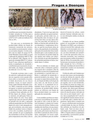 Pragas e Doenças

Estágio inicial
Raizes de cana-de-açúcar infectadas por
nematóides do gênero Meloidogyne.

contribuiu para incrementos de produtividade variando de 17,3t/ha, para a
variedade IAC86-2480 até 38,1t/ha, para
a IAC91-5155, sendo em média de 28,2
t/ha ou 34%.
Em cana soca, os incrementos de
produtividade obtidos em função do
tratamento nematicida são menores,
mas também economicamente vantajosos em muitas situações. Um dos exemplos está nos dados do ensaio de Dinardo-Miranda e Garcia (2002), no qual
a aplicação de carbofuran 100G 22,7kg/
ha ou aldicarb 150G 10kg/ha, em soqueira da variedade RB835113, infestada por P. zeae, reduziram significativamente as populações do nematóide e
contribuíram para incrementos de produtividade, em relação à testemunha,
da ordem de 11,6 a 16,7 t/ha.
O período ocorrente entre o corte
do canavial e a aplicação dos nematicidas em soqueiras exerce grande influência sobre os incrementos de produtividade decorrentes do uso desses
produtos. Assim, no ensaio anteriormente citado (Dinardo-Miranda e Garcia, 2002), conduzido em área colhida
em agosto, os maiores incrementos de
produtividade foram obtidos quando
os produtos foram aplicados aos 40 e
60 dias depois da colheita, enquanto
os menores, em aplicações feitas aos
20 dias depois do corte. Esses dados
sugerem que, para um canavial colhido
no período seco da safra, a aplicação
tardia de nematicidas (aos 40 ou 60 dias
depois do corte) é mais adequada porque, provavelmente, uma maior quantidade dos produtos torna-se disponível no solo e na planta, na primavera/
verão, período em que as populações
dos nematóides se elevam, favorecidas
pelas temperaturas mais altas e chuvas

Estágio final

Raízes de cana-de-açúcar atacadas por nematóides
do gênero Pratylenchus

abundantes. É provável que parte dos
produtos aplicados em agosto (primeira aplicação), período ainda seco, se
decomponha antes da época em que
seriam mais úteis, ou seja, época chuvosa. Por outro lado, em canaviais colhidos no final da safra, período de chuvas abundantes e temperaturas elevadas, no qual há crescimento pleno de
raízes e das populações de nematóides,
aplicações de nematicidas feitas imediatamente após o corte resultam em maiores incrementos de produtividade do
que aquelas mais tardias, por reduzirem o período em que altas populações
de nematóides parasitam as raízes, causando danos à cultura.
Deve-se salientar, no entanto, que
a decisão sobre o tratamento químico
em soqueira deve considerar, além da
infestação na área (nível populacional
de nematóides) e o período entre a colheita e a aplicação do nematicida, o
potencial produtivo da cultura. Áreas
nas quais se espera baixa produtividade, em função de falhas na brotação da
soca, mato, etc, não devem ser tratadas, mesmo se as populações de nematóides forem elevadas, pois os incrementos de produtividade obtidos
podem ser inferiores (em função da
baixa produtividade) aos custos de
aplicação dos nematicidas.
Como medidas auxiliares no manejo de áreas com problemas de nematóides pode-se citar a torta de filtro no
sulco de plantio e o plantio de Crotalaria em áreas de reforma. Embora essas
medidas não interfiram, de uma maneira geral, nas populações de nematóides na área, pelo menos nas doses (torta de filtro) e período de cultivo (Crotalaria), empregados em nossas condições, elas contribuem para um melhor

desenvolvimento da cultura, sendo
portanto bastante indicadas para áreas com infestações médias ou altas de
nematóides.
Exemplos do uso dessas medidas
podem ser encontrados em DinardoMiranda et al (2003), que avaliaram o
efeito de torta de filtro, aplicada isoladamente ou em associação com os nematicidas, no plantio da cana-de-açúcar, em áreas infestadas por nematóides. A torta não apresentou efeito nematicida consistente, mas contribuiu
para incrementos médios de produtividade de 20t/ha. Os nematicidas contribuíram para incrementos de produtividade variando de 14,2 a 25,5t/ha e a
utilização simultânea de torta de filtro e
nematicidas resultou em incrementos
médios de até 40t/ha.
O efeito do cultivo de Crotalaria juncea, por cinco meses com incorporação,
em área de reforma do canavial, sobre
as populações de nematóides e a produtividade da cana-de-açúcar, plantada
em seguida, com ou sem nematicidas,
foi avaliado em ensaio em campo conduzido por Gil e Dinardo-Miranda (2005).
Os autores não observaram diferença
entre as populações de M. javanica nas
raízes de cana-de-açúcar, cultivada em
área com ou sem rotação com C. juncea, mas as populações de P. zeae foram significativamente maiores nas áreas cultivadas após o plantio dessa leguminosa. Apesar disso, a rotação com
C. juncea contribuiu para incrementar
a produtividade da cana em 20,8t/ha,
fato atribuído aos benefícios da adubação verde. Tanto em áreas com ou
sem rotação com crotalaria, carbofuran
100G a 21kg/ha reduziu as populações
de nematóides e incrementou a produtividade em 12,1t/ha.
Revista Canavieiros - Outubro de 2008

29

 