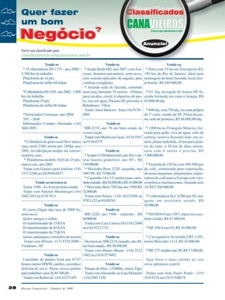 Vende-se
* 1Colheitadeira JD-1175 - ano 2000 2.500 hrs de trabalho
Plataforma de 16 pés
Plataforma de milho 04 linhas

Vende-se
* Arado Ikeda HD, ano 2007, com 4 aivecas, desarme automático, semi novo,
com sistema aplicador de regente, para
combate a migdolus.
* Arrendo sede de fazenda, contendo
*Colheitadeira JD-1550 - ano 2002 - 1.800 uma casa, barracão 35 metros, 10 baias
hrs de trabalho
para cavalos, curral, 6 alqueires de pasPlataforma 19 pés
to, rica em água, Paraíso-SP, próximo a
Plataforma de milho 06 linhas
Bebedouro - 35km.
Tratar: Junio Balieiro - fone (16) 9158 *Terraciador Civemasa - ano 2004
0303
24 C - 26x6
Informações / Contato - Alexandre - (16)
Vende-se
3663-3850
MB-2219, ano 78 em bom estado de
conservação.
Vende-se
Tratar com Murilo ou Cacau - 9134-5567
* Colhedeira de grãos axial flow marca ou 9136-8175
case, mod. 2388, motor pot. 280hp, ano
2001, revisão/peças sempre em concesVende-se
sionária case;
* Scania t112h Intercooler, ano 84 c/ car* Plataforma modelo 1020 de 25 pés, reta Guerra graneleiro ano 89 - R$
marca case, ano 2001.
110.000,00.
Tratar com Gustavo pelo telefone (34) * Mercedes Bens 2220, caçamba, ano
3317-2248 ou (34) 9938-6457.
1987/88 - R$ 75.000,00
* Caçamba 14 e 12 metros para camiVende-se ou troca-se
nhão trukado - R$ 20.000,00 e R$ 18.000,00
Trator 1580 - 4 x 4 em prefeito estado. * Mercedes Bens 708 baú ano 1988 R$
Tratar com Antenor Montenegro (16) 32.000,00.
3942 2453 ou 8158 7613
Tratar com Nilson - (18) 36223948 ou
97831122 ou 91020741
Vende-se
01 caixa d'água tipo taça de 5000 lts,
Vende-se
semi-nova
MB 2220, ano 1988 - reduzido - R$
tijolos antigos e telhas
60.000,00
01 transformador de 15 KVA
Tratar com Luis Carlos (16) 3343 2640
01 transformador de 45 KVA
ou (16) 9721 3731
01 transformador de 75 KVA
Vende-se
lascas, palanques e mourões de aroeira
Tratar com Wilson - (17) 9739.2000 - Ou troca-se, MB 2219, traçado, ano 86,
em bom estado - R$ 50.000,00
Viradouro - SP
Tratar com Mauro Okuno - (14) 3532
Vende-se
1402 ou (14) 8157 0492
Caminhão de plantio Ford ano 87/87
branco motor MWM, cambio, caixinha e
Vende-se
diferencial novo. Pneus novos pronto Tanque de fibra - 12.000lts, marca Tigre
Tratar com Alexandre ou Luiz Monteiro
para trabalhar valor r$ 49.500,00.
- (16) 3945 1250
Tratar com Roberval - (18) 81271445
38

Revista Canavieiros - Outubro de 2008

Vende-se
* Sítio com 33 ha em Teresópolis-RJ,
180 km do Rio de Janeiro, ideal para
montagem de hotel fazenda, local muito bonito, R$ 240.000,00.
*161 alq. na região de Araras-SP, fazenda formada em cana e laranja, R$
65.000,00/alq.
* 800 alq. com 730 alq. em cana própria
de 1º corte, estado de SP, 20 km da usina, sede de primeira, R$ 40.000,00/alq
* 1000 ha no Triangulo Mineiro, formada para gado, rica de água, solo de
cultura, reserva florestal tudo em ordem, plana ondulada, ótima para plantio de cana, a 30 km de duas usinas,
casa com 6 suítes e piscina, R$
7.800.000,00.
* Fazenda de 250 ha com 490.000 pés
de café, estruturada para exportação,
diversas maquinas, alojamentos, exportadora de café para a Europa com vários prêmios internacionais, fazenda nota
10, R$ 5.500.000,00.
* Colheitadeira SLC 6200 ano 88, maquina em excelente estado, R$
45.000,00.
* NH 8030/4 ano 1997, trator em excelente estado, R$ 47.000,00.
* MF 296/4 ano 85, R$ 30.000,00.
* Carregadeira Invertida CBT 1105,
motor Mercedes 1113, R$ 16.000,00.
* MF 275 simples ano 98, R$ 37.000,00.
Veja fotos e mais ofertas no site
www.zptratores.com.br
Tratar com José Paulo Prado - (19)
35415318 ou (19) 91548674

 