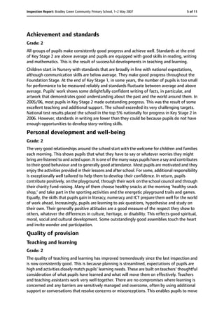 Achievement and standards
Grade: 2
All groups of pupils make consistently good progress and achieve well. Standards at the end
of Key Stage 2 are above average and pupils are equipped with good skills in reading, writing
and mathematics. This is the result of successful developments in teaching and learning.
Children start in Nursery with standards that are broadly in line with national expectations,
although communication skills are below average. They make good progress throughout the
Foundation Stage. At the end of Key Stage 1, in some years, the number of pupils is too small
for performance to be measured reliably and standards fluctuate between average and above
average. Pupils' work shows some delightfully confident writing of facts, in particular, and
artwork that demonstrates good understanding about the past and the world around them. In
2005/06, most pupils in Key Stage 2 made outstanding progress. This was the result of some
excellent teaching and additional support. The school exceeded its very challenging targets.
National test results placed the school in the top 5% nationally for progress in Key Stage 2 in
2006. However, standards in writing are lower than they could be because pupils do not have
enough opportunities to develop story-writing skills.
Personal development and well-being
Grade: 2
The very good relationships around the school start with the welcome for children and families
each morning. This shows pupils that what they have to say or whatever worries they might
bring are listened to and acted upon. It is one of the many ways pupils have a say and contributes
to their good behaviour and to generally good attendance. Most pupils are motivated and they
enjoy the activities provided in their lessons and after school. For some, additional responsibility
is exceptionally well tailored to help them to develop their confidence. In return, pupils
contribute positively, on the playground, through their work on the school council and through
their charity fund-raising. Many of them choose healthy snacks at the morning 'healthy snack
shop,' and take part in the sporting activities and the energetic playground trails and games.
Equally, the skills that pupils gain in literacy, numeracy and ICT prepare them well for the world
of work ahead. Increasingly, pupils are learning to ask questions, hypothesise and study on
their own. Their generally positive attitudes are a good measure of the respect they show to
others, whatever the differences in culture, heritage, or disability. This reflects good spiritual,
moral, social and cultural development. Some outstandingly good assemblies touch the heart
and invite wonder and participation.
Quality of provision
Teaching and learning
Grade: 2
The quality of teaching and learning has improved tremendously since the last inspection and
is now consistently good. This is because planning is streamlined, expectations of pupils are
high and activities closely match pupils' learning needs. These are built on teachers' thoughtful
consideration of what pupils have learned and what will move them on effectively. Teachers
and teaching assistants work very well together. There are no compromises where learning is
concerned and any barriers are sensitively managed and overcome, often by using additional
support or conversations that resolve concerns or misconceptions. This enables pupils to move
5 of 11Inspection Report: Bradley Green Community Primary School, 1–2 May 2007
 