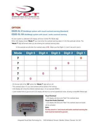 !
OPTION
ED2E-0L-V SkidWeigh system with visual overload warning (Standard)
ED2E-0L-VA SkidWeigh system with visual / audio overload warning
As soon system is calibrated LED display will show number 7 in Mode digit.
When LED display shows “Mode 7” you must enter the overload warning value in % for that particular vehicle. The
“Mode 7” digit will remain while you are entering the overload warning value.
In this example we will enter the overload value of 90 . Make sure that Digits 3, 4 and 5 are set to zero’s.
- On the last shift of the “M” button the “Mode 7” digit will turn off.
- The overload value in % you have entered will be stored in the memory.
- LCD display will show the entered overload value. ( In our example 00090 )
- Lower loaded forks to ground and LCD display will return to normal operational mode, showing number 8 in Mode digit.
Visual Overload
- LCD display will show and “ﬂash” the overload value.
Visual And Audio Overload
- LCD display will show and “ﬂash” the overload value and audio
will be activated.
Note:
To stop visual or / and visual and audio overload warning the
load must be lowered to ground.
Mode Digit 5 Digit 4 Digit 3 Digit 2 Digit 1
7 0
7 9
7 0
7 0
7 0
Integrated Visual Data Technology Inc., 3439 Whilabout Terrace, Oakville, Ontario, Canada L6L 0A7
 