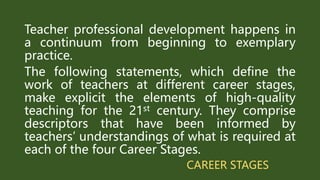 CAREER STAGES
Teacher professional development happens in
a continuum from beginning to exemplary
practice.
The following statements, which define the
work of teachers at different career stages,
make explicit the elements of high-quality
teaching for the 21st century. They comprise
descriptors that have been informed by
teachers’ understandings of what is required at
each of the four Career Stages.
 