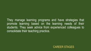 They manage learning programs and have strategies that
promote learning based on the learning needs of their
students. They seek advice from experienced colleagues to
consolidate their teaching practice.
CAREER STAGES
 