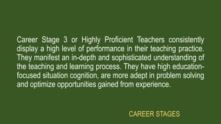 Career Stage 3 or Highly Proficient Teachers consistently
display a high level of performance in their teaching practice.
They manifest an in-depth and sophisticated understanding of
the teaching and learning process. They have high education-
focused situation cognition, are more adept in problem solving
and optimize opportunities gained from experience.
CAREER STAGES
 