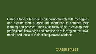 Career Stage 3 Teachers work collaboratively with colleagues
and provide them support and mentoring to enhance their
learning and practice. They continually seek to develop their
professional knowledge and practice by reflecting on their own
needs, and those of their colleagues and students.
CAREER STAGES
 
