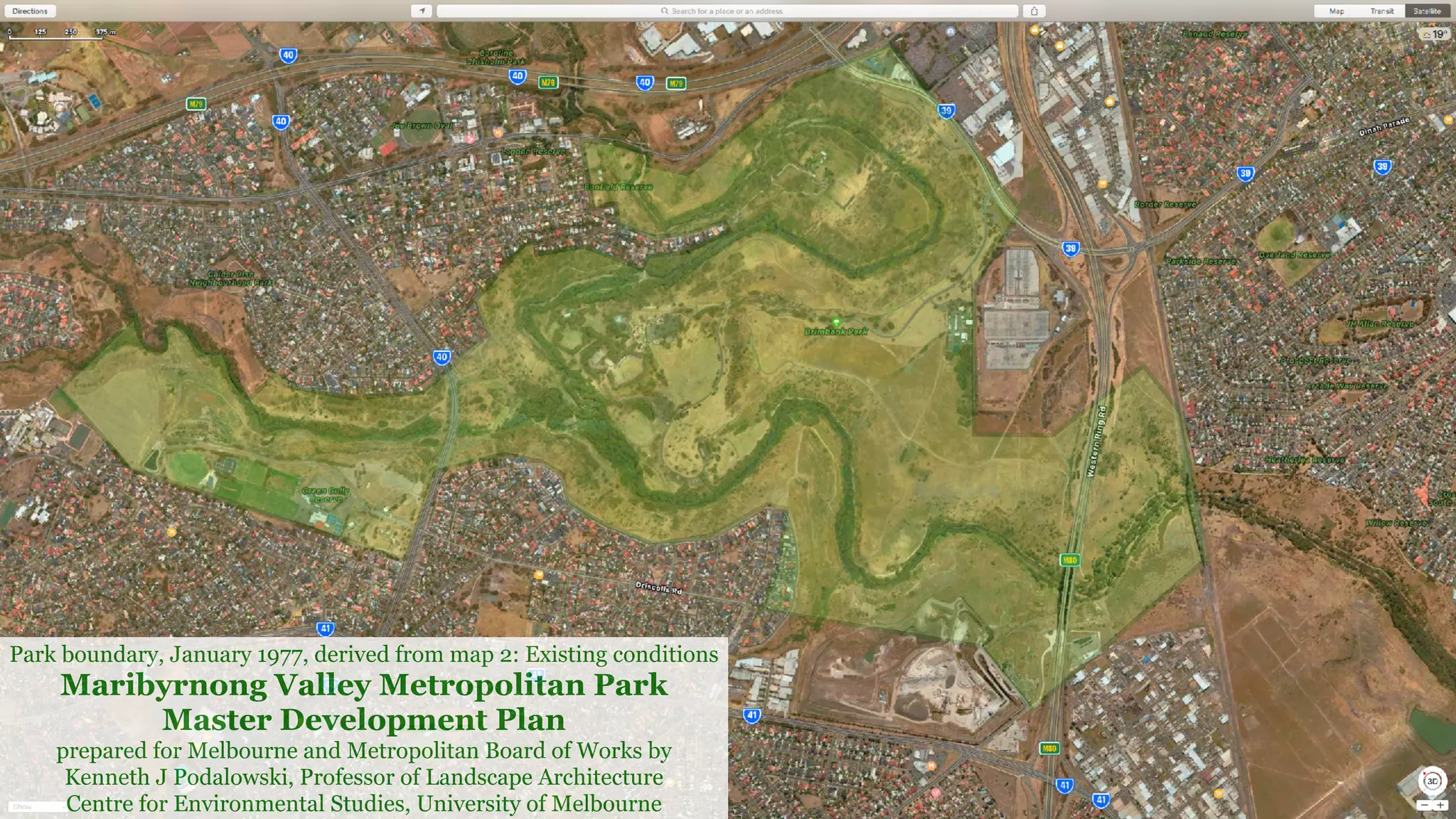 Park boundary, January 1977, derived from map 2: Existing conditions
Maribyrnong Valley Metropolitan Park
Master Development Plan
prepared for Melbourne and Metropolitan Board of Works by
Kenneth J Podalowski, Professor of Landscape Architecture
Centre for Environmental Studies, University of Melbourne
 