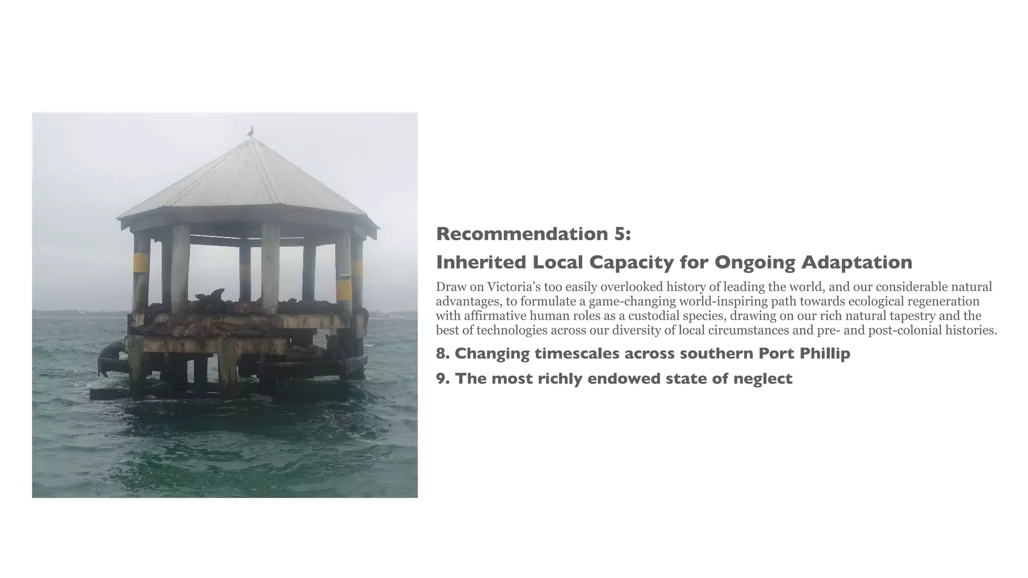 Recommendation 5:
Inherited Local Capacity for Ongoing Adaptation
Draw on Victoria’s too easily overlooked history of leading the world, and our considerable natural
advantages, to formulate a game-changing world-inspiring path towards ecological regeneration
with affirmative human roles as a custodial species, drawing on our rich natural tapestry and the
best of technologies across our diversity of local circumstances and pre- and post-colonial histories.
8. Changing timescales across southern Port Phillip
9. The most richly endowed state of neglect
 