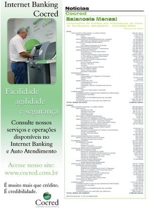 Notícias
Cocred
Balancete Mensal
Cooperativa de Crédito dos Plantadores de Cana
de Sertãozinho BALANCETE - OUTUBRO/2008
Valores em Reais

18

Revista Canavieiros - Dezembro de 2008

 