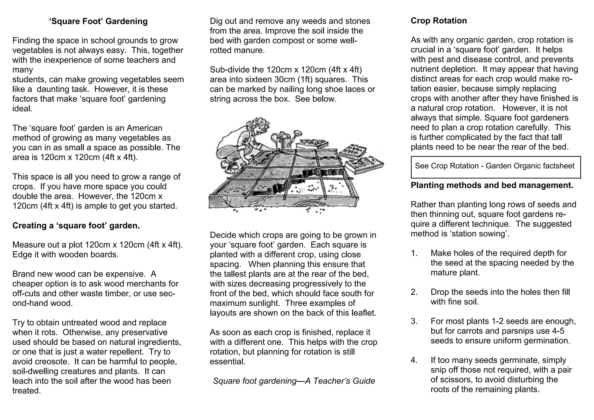 ‘Square Foot’ Gardening
Finding the space in school grounds to grow
vegetables is not always easy. This, together
with the inexperience of some teachers and
many
students, can make growing vegetables seem
like a daunting task. However, it is these
factors that make ‘square foot’ gardening
ideal.

Dig out and remove any weeds and stones
from the area. Improve the soil inside the
bed with garden compost or some wellrotted manure.
Sub-divide the 120cm x 120cm (4ft x 4ft)
area into sixteen 30cm (1ft) squares. This
can be marked by nailing long shoe laces or
string across the box. See below.

The ‘square foot’ garden is an American
method of growing as many vegetables as
you can in as small a space as possible. The
area is 120cm x 120cm (4ft x 4ft).

Planting methods and bed management.

Creating a ‘square foot’ garden.

Brand new wood can be expensive. A
cheaper option is to ask wood merchants for
off-cuts and other waste timber, or use second-hand wood.
Try to obtain untreated wood and replace
when it rots. Otherwise, any preservative
used should be based on natural ingredients,
or one that is just a water repellent. Try to
avoid creosote. It can be harmful to people,
soil-dwelling creatures and plants. It can
leach into the soil after the wood has been
treated.

As with any organic garden, crop rotation is
crucial in a ‘square foot’ garden. It helps
with pest and disease control, and prevents
nutrient depletion. It may appear that having
distinct areas for each crop would make rotation easier, because simply replacing
crops with another after they have finished is
a natural crop rotation. However, it is not
always that simple. Square foot gardeners
need to plan a crop rotation carefully. This
is further complicated by the fact that tall
plants need to be near the rear of the bed.
See Crop Rotation - Garden Organic factsheet

This space is all you need to grow a range of
crops. If you have more space you could
double the area. However, the 120cm x
120cm (4ft x 4ft) is ample to get you started.

Measure out a plot 120cm x 120cm (4ft x 4ft).
Edge it with wooden boards.

Crop Rotation

Decide which crops are going to be grown in
your ‘square foot’ garden. Each square is
planted with a different crop, using close
spacing. When planning this ensure that
the tallest plants are at the rear of the bed,
with sizes decreasing progressively to the
front of the bed, which should face south for
maximum sunlight. Three examples of
layouts are shown on the back of this leaflet.
As soon as each crop is finished, replace it
with a different one. This helps with the crop
rotation, but planning for rotation is still
essential.
Square foot gardening—A Teacher’s Guide

Rather than planting long rows of seeds and
then thinning out, square foot gardens require a different technique. The suggested
method is ‘station sowing’.
1.

Make holes of the required depth for
the seed at the spacing needed by the
mature plant.

2.

Drop the seeds into the holes then fill
with fine soil.

3.

For most plants 1-2 seeds are enough,
but for carrots and parsnips use 4-5
seeds to ensure uniform germination.

4.

If too many seeds germinate, simply
snip off those not required, with a pair
of scissors, to avoid disturbing the
roots of the remaining plants.

 