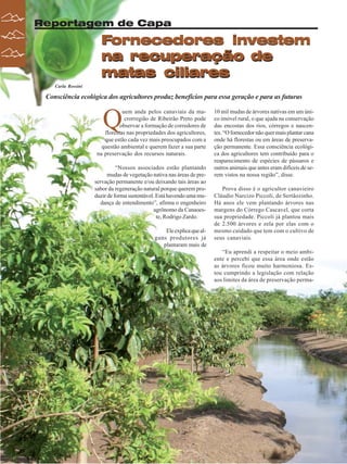 Reportagem de Capa

Fornecedores investem
na recuperação de
matas ciliares
Carla Rossini

Consciência ecológica dos agricultores produz benefícios para essa geração e para as futuras

Q

uem anda pelos canaviais da macrorregião de Ribeirão Preto pode
observar a formação de corredores de
florestas nas propriedades dos agricultores,
que estão cada vez mais preocupados com a
questão ambiental e querem fazer a sua parte
na preservação dos recursos naturais.
“Nossos associados estão plantando
mudas de vegetação nativa nas áreas de preservação permanente e/ou deixando tais áreas ao
sabor da regeneração natural porque querem produzir de forma sustentável. Está havendo uma mudança de entendimento”, afirma o engenheiro
agrônomo da Canaoeste, Rodrigo Zardo.
Ele explica que alguns produtores já
plantaram mais de

10 mil mudas de árvores nativas em um único imóvel rural, o que ajuda na conservação
das encostas dos rios, córregos e nascentes. “O fornecedor não quer mais plantar cana
onde há florestas ou em áreas de preservação permanente. Essa consciência ecológica dos agricultores tem contribuído para o
reaparecimento de espécies de pássaros e
outros animais que antes eram difíceis de serem vistos na nossa região”, disse.
Prova disso é o agricultor canavieiro
Cláudio Narcizo Piccoli, de Sertãozinho.
Há anos ele vem plantando árvores nas
margens do Córrego Cascavel, que corta
sua propriedade. Piccoli já plantou mais
de 2.500 árvores e zela por elas com o
mesmo cuidado que tem com o cultivo de
seus canaviais.
“Eu aprendi a respeitar o meio ambiente e percebi que essa área onde estão
as árvores ficou muito harmoniosa. Estou cumprindo a legislação com relação
aos limites da área de preservação perma-

20

Revista Canavieiros - Fevereiro de 2009

 