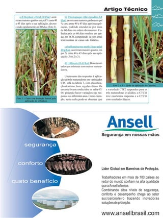 Artigo Técnico
a) Ethephon (ethrel 2,0 l/ha): ocorreram maiores ganhos em pol % cana 40
a 45 dias após a sua aplicação, decrescendo rapidamente até 60 dias (foto 1).

b) Trinexapaque etílico (moddus 0,8
l/ha): ocorreram maiores ganhos em pol
% cana entre 40 a 45 dias após sua aplicação, podendo estender-se por mais
de 60 dias em ordem decrescente. Colheita após os 60 dias resultou em perdas em TCH, comparando-se com áreas
testemunhas de canas não tratadas.
c) Sulfometuron-methyl (curavial
20 g/ha): ocorreram maiores ganhos em
pol % entre 40 a 45 dias após sua aplicação (foto 2 e 3).
d) Glifosate (0,4 l/ha): Bons resultados em misturas com outros maturadores.

Foto 1 – Cana com brotação lateral pela
aplicação de ethephon.

Um resumo das respostas à aplicação de três maturadores em variedades
CTC está na tabela 1, com classificação de ótimo, bom, regular e fraco. Os
ensaios foram conduzidos na safra 07/
08, podendo haver variações nas respostas nos diferentes anos. Como exemplo, nesta safra pode-se observar que

Foto 2 e 3 – Efeito da aplicação de Curavial.

a variedade CTC2 respondeu para os
três maturadores avaliados; a CTC11
teve excelentes respostas e a CTC14
com resultados fracos.

Revista Canavieiros - Fevereiro de 2009

29

 