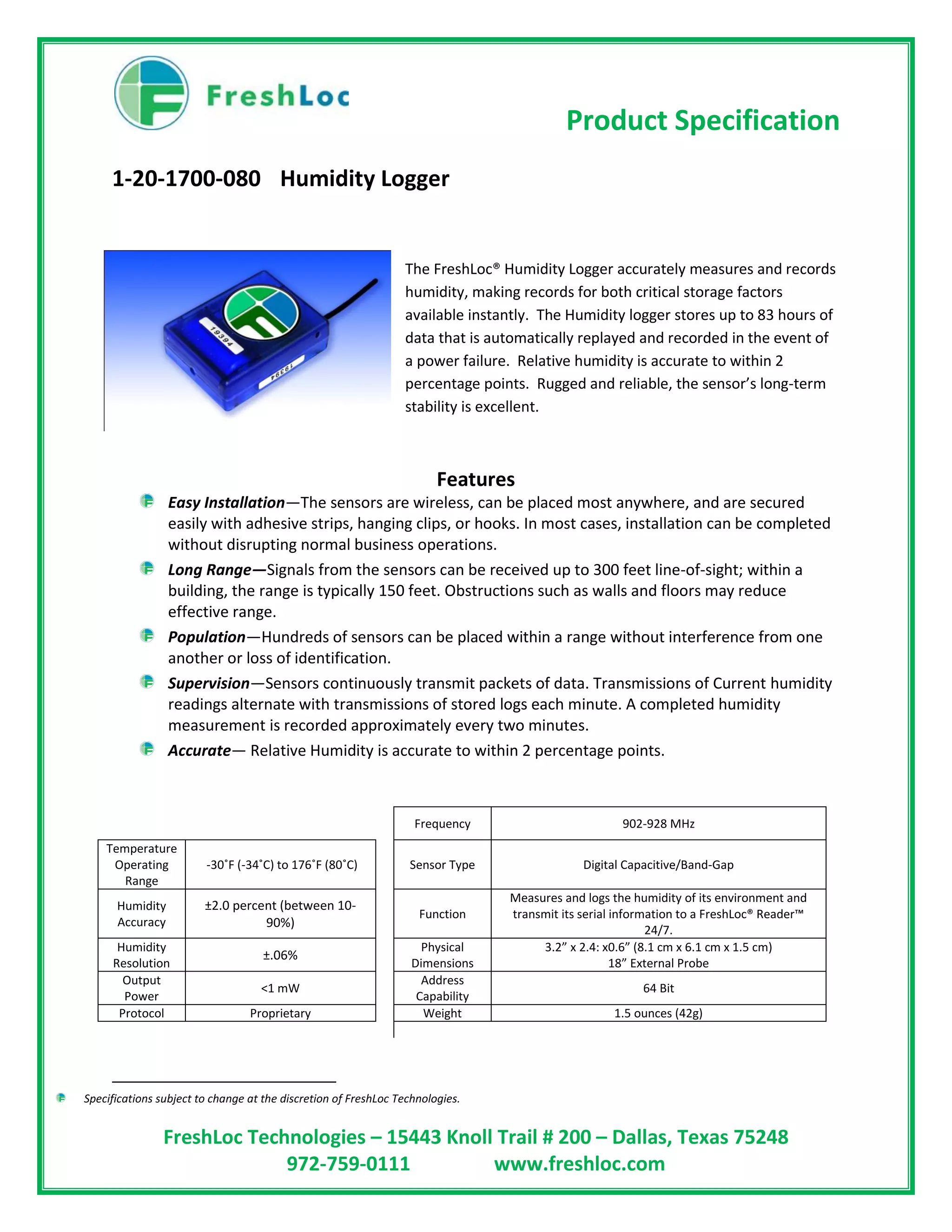 FreshLoc Core Product Specifications | PDF