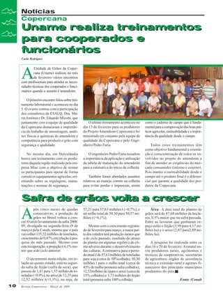 Notícias
Copercana

Uname realiza treinamentos
para cooperados e
funcionários
Carla Rodrigues

A

Unidade de Grãos da Copercana (Uname) realizou no mês
de fevereiro vários encontros
com profissionais para atender as necessidades técnicas dos cooperados e funcionários quando o assunto é amendoim.
O primeiro encontro falou sobre treinamento laboratorial e aconteceu no dia
5. O evento contou com a participação
dos consultores da ESALQ, Dra. Maria Antônia e Dr. Eduardo Micotti, que
juntamente com a equipe de qualidade
da Copercana destacaram a importância do trabalho de amostragem, análises físicas e químicas do amendoim e
competência para produzir o grão com
segurança e qualidade.
No mesmo dia, em Herculândia
houve um treinamento com os produtores daquela região realizado pela empresa Miac com o objetivo de treinar
os participantes para operar de forma
correta os equipamentos agrícolas, orientando sobre as regulagens, manutenções e normas de segurança.

O último treinamento aconteceu no
dia 13 de fevereiro para os produtores
do Projeto Amendoim Copercana e foi
ministrado em conjunto pela equipe de
qualidade da Copercana e pelo Engenheiro Pedro Faria.
O engenheiro Pedro Faria ressaltou
a importância da aplicação e utilização
da tabela de maturação do amendoim
para a estimativa do início da colheita.
Também foram abordados assuntos
relativos ao manejo correto na colheita
para evitar perdas e impurezas, assim

como o caderno de campo que é fundamental para a comprovação das boas práticas agrícolas, rastreabilidade e a importância da qualidade desde o campo.
Todos estes treinamentos têm
como objetivo fundamental a orientação e conscientização de todos os envolvidos no projeto do amendoim a
fim de atender as exigências do mercado consumidor (interno e externo).
Pois manter a rastreabilidade desde o
campo até o produto final é o diferencial que garante a qualidade dos produtos da Copercana.

Safra de grãos volta a crescer

A

pós cinco meses de quedas
consecutivas, a produção de
grãos no Brasil voltou a crescer. O sexto levantamento da safra 2008/
09, divulgado na segunda-feira (9 de
março) pela Conab, mostra que o país
vai colher 135,32 milhões de toneladas,
crescimento de 0,47% em relação à pesquisa do mês passado. Mesmo com
esta recuperação, a projeção é 6,1% menor que a do ciclo anterior.
O incremento nesta edição, em relação ao quinto estudo, está na segunda safra de feijão (safra da seca), que
passou de 1,41 para 1,55 milhão de toneladas (+9,9%), no arroz,de 12,35 para
12,52 milhões t(+1,3%), na soja, de
10

Revista Canavieiros - Março de 2009

57,21 para 57,63 milhões t (+0,7%), e
no milho total,de 50,30 para 50,37 milhões t (+0,1%).
Mesmo com o crescimento registrado de fevereiro para março, a maior parte dos estados terá produção menor que
a do ciclo passado, resultado do atraso
do plantio em algumas regiões e do clima adverso durante o desenvolvimento
das culturas. A estimativa para o período atual é de 57,63 milhões de toneladas
para soja (cerca de 50%colhida), 50,30
milhões t para o milho total (cerca de
45% do milho primeira safra colhidos),
12,52milhões de t para o arroz (cerca de
15% colhidos) e 3,73 milhões do feijão
total (primeira safra 100% colhida).

Área– A área total do plantio de
grãos será de 47,68 milhões de hectares, 0,5% maior que na safra passada.
Entre as lavouras que ganharam espaço estão o feijão (3,99 para 4,17 milhões ha) e o arroz (2,87 para2,89 milhões ha).
A pesquisa foi realizada entre os
dias 16 e 20 de fevereiro. A estatal ouviu produtores rurais, agrônomos e
técnicos de cooperativas, secretarias
de agricultura, órgãos de assistência
técnica e extensão rural e agentes financeiros dos principais municípios
produtores do país.
Fonte /Conab

 