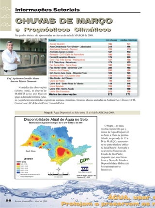 Revista Canavieiros - Abril de 2009
26
26
26
26
26
CHUVAS DE MARÇO
e Prognósticos Climáticos
CHUVAS DE MARÇO
e Prognósticos Climáticos
Informações Setoriais
Engº Agrônomo Oswaldo Alonso
Assessor Técnico Canaoeste
No quadro abaixo, são apresentadas as chuvas do mês de MARÇO de 2009.
Revista Canavieiros - Abril de 2009
26
26
26
26
26
ÁGUA, usar s
Protejam e preservem as n
ÁGUA, usar s
Protejam e preservem as n
Na médias das observações
(última linha), as chuvas de
MARÇO deste ano ficaram
iguaisadamédiahistórica. Abai-
xo (significativamente) das respectivas normais climáticas, foram as chuvas anotadas na AndradeAc e Álcool, CFM,
CentroCana IAC-Ribeirão Preto, Usina da Pedra.
Mapa 1: Água Disponível no Solo entre 13 a 16 de MARÇO de 2009.
O Mapa 1, ao lado,
mostra claramente que o
índice de Água Disponível
no Solo, a 50cm de profun-
didade, no período de 13 a
16 de MARÇO, apresenta-
va-se como médio a crítico
na faixa Bauru - Sorocaba e
no extremo Sudoeste do
Estado de São Paulo;
enquanto que, nas faixas
Leste e Norte do Estado a
Disponibilidade Hídrica do
Solo mostravam-se
favoráveis.
 