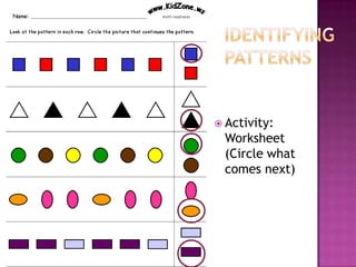 Identifying patternsActivity: Worksheet (Circle what comes next)