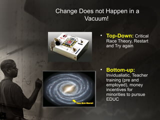Change Does not Happen in a Vacuum!  Top-Down:  Critical Race Theory. Restart and Try again Bottom-up:  Invidualiatic, Teacher training (pre and employed), money incentives for minorities to pursue EDUC 