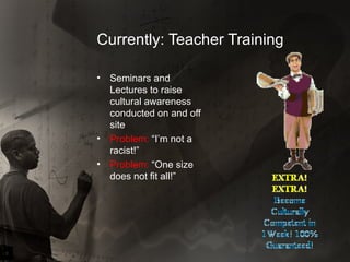 Currently: Teacher Training  Seminars and Lectures to raise cultural awareness conducted on and off site Problem:  “I’m not a racist!” Problem:  “One size does not fit all!” 