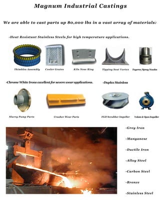 TippingSeatVortex Tuyeres/SprayNozzlesThimblesAssembly CoolerGrates KilnNoseRing
-HeatResistantStainlessSteelsforhightemperatureapplications.
W eareabletocastpartsup80,000lbsinavastarrayofmaterials:
FGDScrubberImpeller Volute&OpenImpellerSlurryPumpParts CrusherW earParts
-ChromeWhiteIronsexcellentforseverewearapplications. -DuplexStainless
-GreyIron
-Manganese
-DuctileIron
-AlloySteel
-CarbonSteel
-Bronze
-StainlessSteel-StainlessSteel
Magnum IndustrialCastings
 