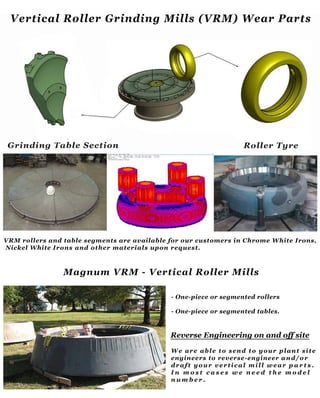 VRM rollersandtablesegmentsareavailableforourcustomersinChromeW hiteIrons,
NickelW hiteIronsandothermaterialsuponrequest.
W eareabletosend toyourplantsite
engineerstoreverse-engineerand/or
draftyourverticalmillwearparts.
In m ostcases we need the m odel
num ber.
Magnum VRM -VerticalRollerMills
-One-pieceorsegmentedrollers
-One-pieceorsegmentedtables.
VerticalRollerGrindingMills(VRM)W earParts
 