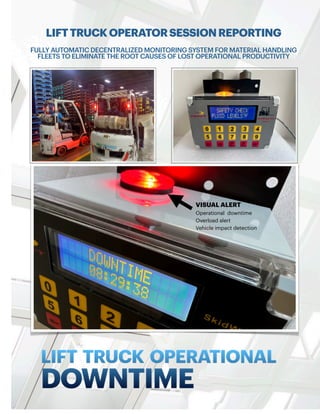 1 INTEGRATED VISUAL DATA TECHNOLOGY ED3C1
LIFT TRUCK OPERATIONAL
DOWNTIME
LIFTTRUCKOPERATORSESSIONREPORTING
FULLY AUTOMATIC DECENTRALIZED MONITORING SYSTEM FOR MATERIAL HANDLING
FLEETS TO ELIMINATE THE ROOT CAUSES OF LOST OPERATIONAL PRODUCTIVITY
VISUAL ALERT -
Operational downtime
Overload alert
Vehicle impact detection
 