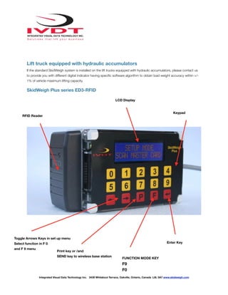 !
Lift truck equipped with hydraulic accumulators
If the standard SkidWeigh system is installed on the lift trucks equipped with hydraulic accumulators, please contact us
to provide you with different digital indicator having speciﬁc software algorithm to obtain load weight accuracy within +/-
1% of vehicle maximum lifting capacity.
SkidWeigh Plus series ED3-RFID
Integrated Visual Data Technology Inc. 3439 Whilabout Terrace, Oakville, Ontario, Canada L6L 0A7 www.skidweigh.com
RFID Reader
LCD Display
Keypad
Enter Key
Toggle Arrows Keys in set up menu
Select function in F 0
and F 9 menu
Print key or /and
SEND key to wireless base station
FUNCTION MODE KEY
F9
F0
 