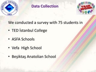 Data Collection
We conducted a survey with 75 students in
• TED İstanbul College
• ASFA Schools
• Vefa High School
• Beşiktaş Anatolian School
 