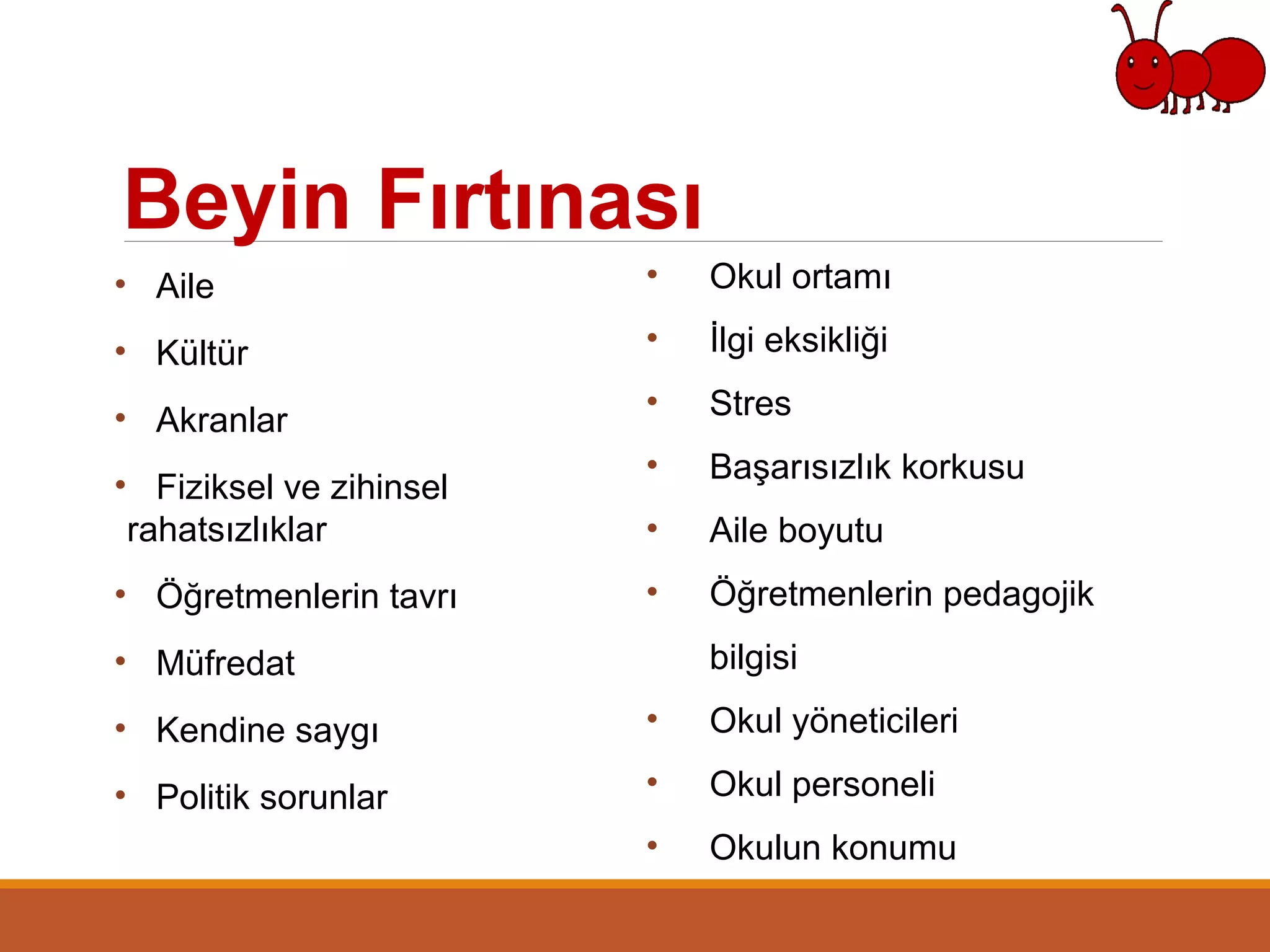 Beyin Fırtınası
• Aile
• Kültür
• Akranlar
• Fiziksel ve zihinsel
rahatsızlıklar
• Öğretmenlerin tavrı
• Müfredat
• Kendine saygı
• Politik sorunlar
• Okul ortamı
• İlgi eksikliği
• Stres
• Başarısızlık korkusu
• Aile boyutu
• Öğretmenlerin pedagojik
bilgisi
• Okul yöneticileri
• Okul personeli
• Okulun konumu
 