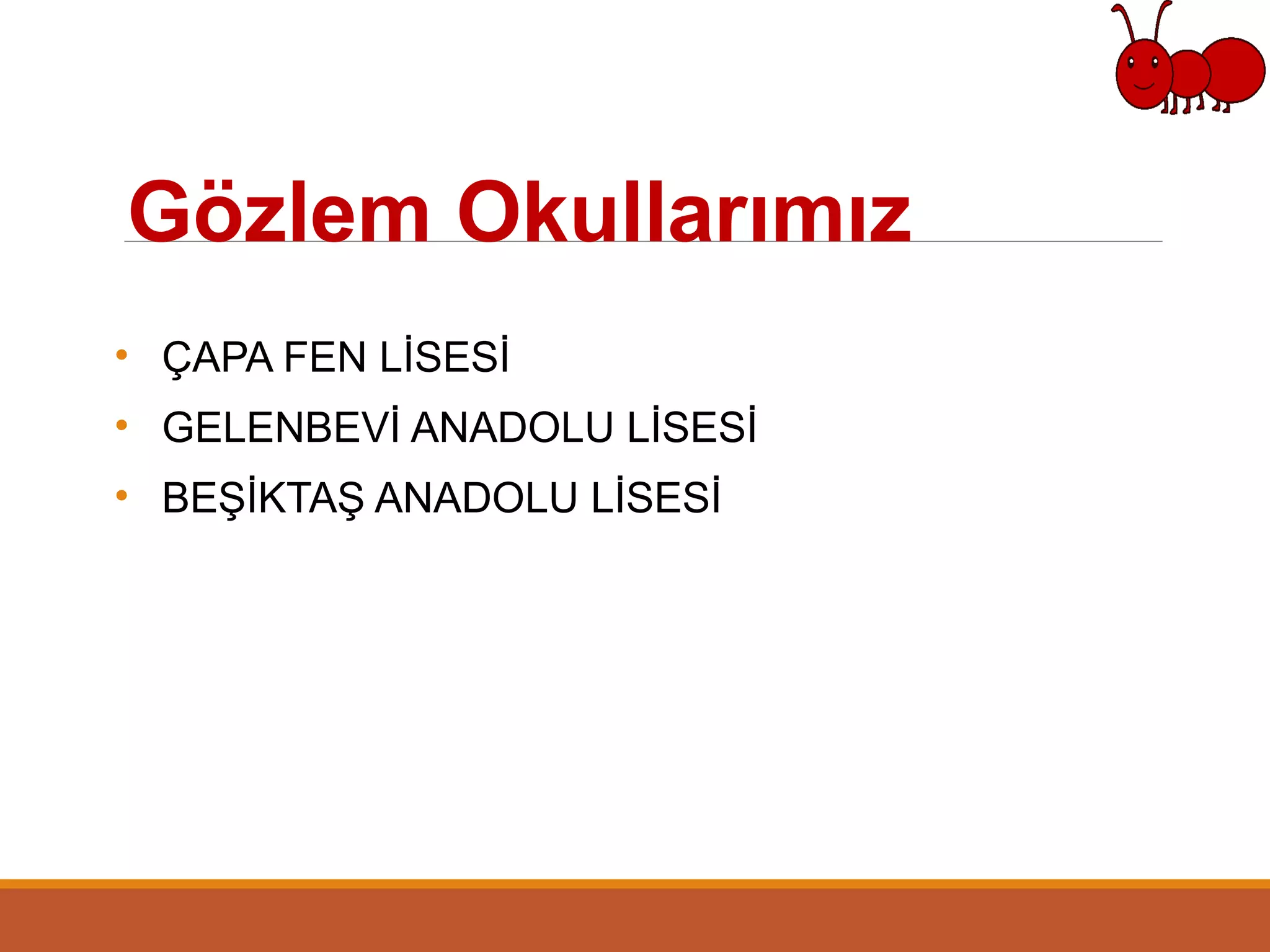 • ÇAPA FEN LİSESİ
• GELENBEVİ ANADOLU LİSESİ
• BEŞİKTAŞ ANADOLU LİSESİ
Gözlem Okullarımız
 