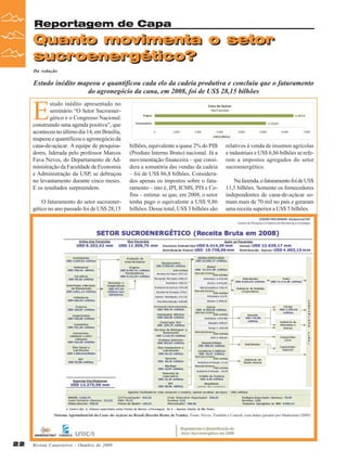 Reportagem de Capa

Quanto movimenta o setor
sucroenergético?
Da redação

Estudo inédito mapeou e quantificou cada elo da cadeia produtiva e concluiu que o faturamento
do agronegócio da cana, em 2008, foi de US$ 28,15 bilhões

E

studo inédito apresentado no
seminário “O Setor Sucroenergético e o Congresso Nacional:
construindo uma agenda positiva”, que
aconteceu no último dia 14, em Brasília,
mapeou e quantificou o agronegócio da
cana-de-açúcar. A equipe de pesquisadores, liderada pelo professor Marcos
Fava Neves, do Departamento de Administração da Faculdade de Economia
e Administração da USP, se debruçou
no levantamento durante cinco meses.
E os resultados surpreendem.
O faturamento do setor sucroenergético no ano passado foi de US$ 28,15

22

Revista Canavieiros - Outubro de 2009

bilhões, equivalente a quase 2% do PIB
(Produto Interno Bruto) nacional. Já a
movimentação financeira – que considera a somatória das vendas da cadeia
– foi de US$ 86,8 bilhões. Considerados apenas os impostos sobre o faturamento – isto é, IPI, ICMS, PIS e Cofins – estima- se que, em 2008, o setor
tenha pago o equivalente a US$ 9,86
bilhões. Desse total, US$ 3 bilhões são

relativos à venda de insumos agrícolas
e industriais e US$ 6,86 bilhões se referem a impostos agregados do setor
sucroenergético.
Na fazenda, o faturamento foi de US$
11,5 bilhões. Somente os fornecedores
independentes de cana-de-açúcar somam mais de 70 mil no país e geraram
uma receita superior a US$ 5 bilhões.

 