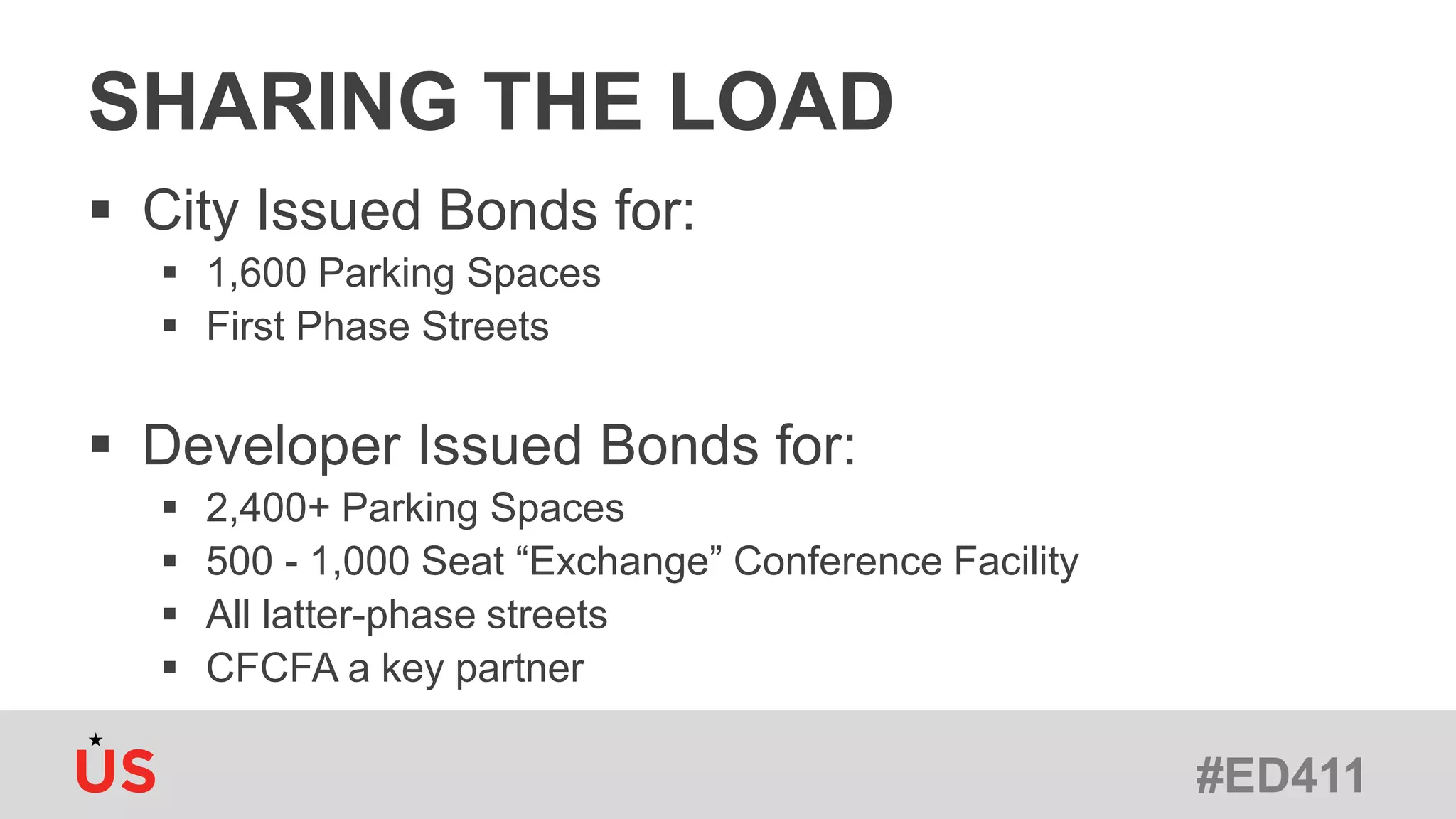 #ED411
SHARING THE LOAD
 City Issued Bonds for:
 1,600 Parking Spaces
 First Phase Streets
 Developer Issued Bonds for:
 2,400+ Parking Spaces
 500 - 1,000 Seat “Exchange” Conference Facility
 All latter-phase streets
 CFCFA a key partner
 