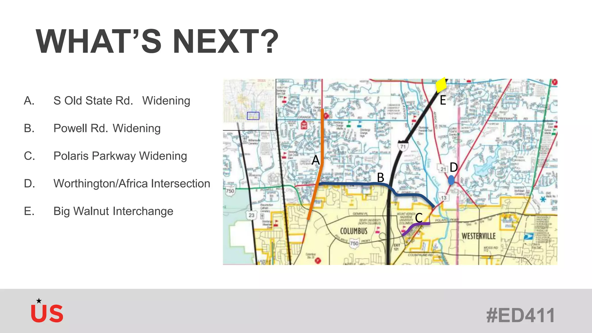 #ED411
WHAT’S NEXT?
A. S Old State Rd. Widening
B. Powell Rd. Widening
C. Polaris Parkway Widening
D. Worthington/Africa Intersection
E. Big Walnut Interchange
A
C
B
D
E
 