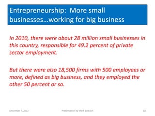 Entrepreneurship: More small
businesses…working for big business

In 2010, there were about 28 million small businesses in
this country, responsible for 49.2 percent of private
sector employment.

But there were also 18,500 firms with 500 employees or
more, defined as big business, and they employed the
other 50 percent or so.



December 7, 2012     Presentation by Mark Barbash      10
 