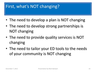 First, what’s NOT changing?

• The need to develop a plan is NOT changing
• The need to develop strong partnerships is
  NOT changing
• The need to provide quality services is NOT
  changing
• The need to tailor your ED tools to the needs
  of your community is NOT changing


December 7, 2012   Presentation by Mark Barbash   14
 