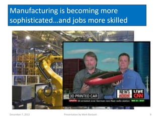 Manufacturing is becoming more
sophisticated…and jobs more skilled




December 7, 2012   Presentation by Mark Barbash   9
 