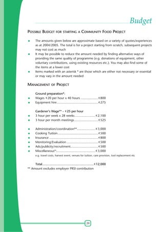 20
Budget
POSSIBLE BUDGET FOR STARTING A COMMUNITY FOOD PROJECT
The amounts given below are approximate based on a variety of quotes/experiences
as at 2004/2005. The total is for a project starting from scratch, subsequent projects
may not cost as much
It may be possible to reduce the amount needed by finding alternative ways of
providing the same quality of programme (e.g. donations of equipment, other
voluntary contributions, using existing resources etc.). You may also find some of
the items at a lower cost
Items marked with an asterisk * are those which are either not necessary or essential
or may vary in the amount needed
MANAGEMENT OF PROJECT
Ground preparation*:
Wages 20 per hour x 40 hours ................... 800
Equipment hire............................................. 275
Gardener's Wage** - 25 per hour
3 hour per week x 28 weeks ...................... 2,100
3 hour per month meetings.......................... 525
Administration/coordination**.................... 3,000
Cooking Tuition............................................ 500
Insurance ..................................................... 800
Monitoring/Evaluation .................................. 500
Ads/publicity/recruitment.............................. 500
Miscellaneous*:.......................................... 3,000
e.g. travel costs, harvest event, venues for tuition, care provision, tool replacement etc
Total........................................................ 12,000
** Amount excludes employer PRSI contribution
 
