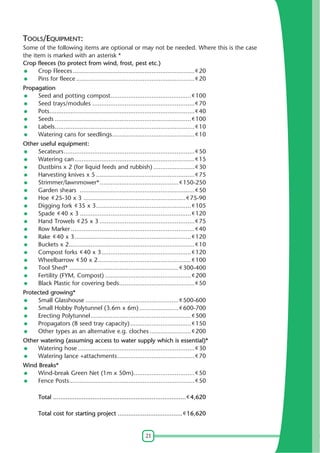 21
TOOLS/EQUIPMENT:
Some of the following items are optional or may not be needed. Where this is the case
the item is marked with an asterisk *
Crop fleeces (to protect from wind, frost, pest etc.)
Crop Fleeces.................................................................... 20
Pins for fleece.................................................................. 20
Propagation
Seed and potting compost............................................. 100
Seed trays/modules ......................................................... 70
Pots................................................................................. 40
Seeds ............................................................................ 100
Labels.............................................................................. 10
Watering cans for seedlings.............................................. 10
Other useful equipment:
Secateurs......................................................................... 50
Watering can................................................................... 15
Dustbins x 2 (for liquid feeds and rubbish) ....................... 30
Harvesting knives x 5 ....................................................... 75
Strimmer/lawnmower*............................................ 150-250
Garden shears ................................................................ 50
Hoe 25-30 x 3 ......................................................... 75-90
Digging fork 35 x 3..................................................... 105
Spade 40 x 3 .............................................................. 120
Hand Trowels 25 x 3 ..................................................... 75
Row Marker..................................................................... 40
Rake 40 x 3................................................................. 120
Buckets x 2...................................................................... 10
Compost forks 40 x 3.................................................. 120
Wheelbarrow 50 x 2.................................................... 100
Tool Shed* ............................................................. 300-400
Fertility (FYM, Compost) ................................................ 200
Black Plastic for covering beds.......................................... 50
Protected growing*
Small Glasshouse .................................................... 500-600
Small Hobby Polytunnel (3.6m x 6m)...................... 600-700
Erecting Polytunnel........................................................ 500
Propagators (8 seed tray capacity).................................. 150
Other types as an alternative e.g. cloches ....................... 200
Other watering (assuming access to water supply which is essential)*
Watering hose ................................................................. 30
Watering lance +attachments........................................... 70
Wind Breaks*
Wind-break Green Net (1m x 50m).................................. 50
Fence Posts...................................................................... 50
Total .......................................................................... 4,620
Total cost for starting project .................................... 16,620
 