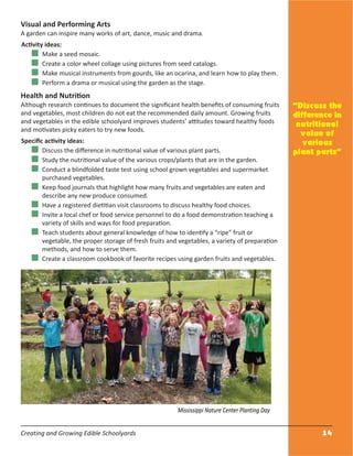 Creating and Growing Edible Schoolyards 14
Visual and Performing Arts
A garden can inspire many works of art, dance, music and drama.
Activity ideas:
Make a seed mosaic.
Create a color wheel collage using pictures from seed catalogs.
Make musical instruments from gourds, like an ocarina, and learn how to play them.
Perform a drama or musical using the garden as the stage.
Health and Nutrition
Although research continues to document the signiﬁcant health beneﬁts of consuming fruits
and vegetables, most children do not eat the recommended daily amount. Growing fruits
and vegetables in the edible schoolyard improves students’ attitudes toward healthy foods
and motivates picky eaters to try new foods.
Speciﬁc activity ideas:
Discuss the diﬀerence in nutritional value of various plant parts.
Study the nutritional value of the various crops/plants that are in the garden.
Conduct a blindfolded taste test using school grown vegetables and supermarket
purchased vegetables.
Keep food journals that highlight how many fruits and vegetables are eaten and
describe any new produce consumed.
Have a registered dietitian visit classrooms to discuss healthy food choices.
Invite a local chef or food service personnel to do a food demonstration teaching a
variety of skills and ways for food preparation.
Teach students about general knowledge of how to identify a “ripe” fruit or
vegetable, the proper storage of fresh fruits and vegetables, a variety of preparation
methods, and how to serve them.
Create a classroom cookbook of favorite recipes using garden fruits and vegetables.
“Discuss the
difference in
nutritional
value of
various
plant parts”
Mississippi Nature Center Planting Day
 
