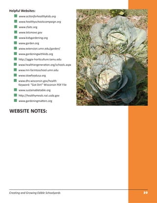 Creating and Growing Edible Schoolyards 20
Helpful Websites:
www.actionforhealthykids.org
www.healthyschoolscampaign.org
www.cfaitc.org
www.letsmove.gov
www.kidsgardening.org
www.garden.org
www.extension.umn.edu/garden/
www.gardeningwithkids.org
http://aggie-horticulture.tamu.edu
www.healthiergeneration.org/schools.aspx
www.mn-farmtoschool.umn.edu
www.slowfoodusa.org
www.dhs.wisconsin.gov/health
Keyword: “Got Dirt” Wisconsin PDF File
www.sustainabletable.org
http://healthymeals.nal.usda.gov
www.gardeningmatters.org
WEBSITE NOTES:
 