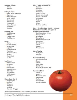 Creating and Growing Edible Schoolyards 22
Cabbage, Chinese
Blues
Kasumi
Cabbage, Green
• Early Jersey Wakeﬁeld
• Dynamo
• Market Topper
Polar Green
Stonehead
Green Boy
Stonehold
Copenheaven
Discovery
Fortuna
Cabbage, Red
• Red Dynasty
• Meteor
Salad Delight
Red Express
Carrot
• Nanco
• Scarlet Nantes
• Chantenay
• Apache
• Vita Sweet 781
Touchon
Sweet Sunshine
Bolero
Nutri- Red
A-Plus
Cauliﬂower
• Snow Crown
• Fremont
• Andes
• White Sails
• Candid Charm
Silver Cup
Purplehead
Violet Queen
Stardust
Chard (Swiss Chard)
• Bright Lights
• Lucullus
• Rhubarb
Perpetual
Chicory
Rossa di Chioggia
Corn – Sugar Enhanced (SE)
• Quickie
• Bodacious
• Mystique
• Delectable
Seneca Pronto
Seneca Arrowhead
Seneca Sensation
Temptation
Ambrosia
Alpine
Argent
For Heaven’s Sake
Corn – shrunken Super Sweets – but must
be isolated from other corn types to
prevent cross pollination
• Early Extra Super Sweet
• Honey-N-Pearl
• Krispy King
• Candy Corner
• Northern Super Sweet
Butterfruit
Even Sweeter
Dazzle
Treasure
Phenomenal
Corn, Popping
Pretty Pops
Iopop 12
Cucumber, Pickling
• Northern Pickling
• Eureka
• Liberty
Patio Pickle
Cool Breeze
H-19 Arkansas Little Leaf
Cucumber, Slicer
• Dasher II
• Victory
• Marketmore 76
• Sweet Slice
• Fanfare
Spacemaster
Marketmore 86
Those varieties with a bullet (•) are suggested for northern Minnesota
 