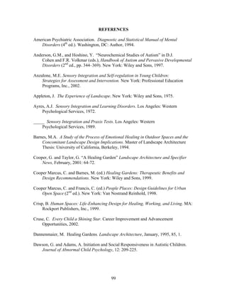 99
REFERENCES
American Psychiatric Association. Diagnostic and Statistical Manual of Mental
Disorders (4th
ed.). Washington, DC: Author, 1994.
Anderson, G.M., and Hoshino, Y. “Neurochemical Studies of Autism” in D.J.
Cohen and F.R. Volkmar (eds.), Handbook of Autism and Pervasive Developmental
Disorders (2nd
ed., pp. 344–369). New York: Wiley and Sons, 1997.
Anzalone, M.E. Sensory Integration and Self-regulation in Young Children:
Strategies for Assessment and Intervention. New York: Professional Education
Programs, Inc., 2002.
Appleton, J. The Experience of Landscape. New York: Wiley and Sons, 1975.
Ayres, A.J. Sensory Integration and Learning Disorders. Los Angeles: Western
Psychological Services, 1972.
_____ Sensory Integration and Praxis Tests. Los Angeles: Western
Psychological Services, 1989.
Barnes, M.A. A Study of the Process of Emotional Healing in Outdoor Spaces and the
Concomitant Landscape Design Implications. Master of Landscape Architecture
Thesis: University of California, Berkeley, 1994.
Cooper, G. and Taylor, G. “A Healing Garden” Landscape Architecture and Specifier
News, February, 2001: 64-72.
Cooper Marcus, C. and Barnes, M. (ed.) Healing Gardens: Therapeutic Benefits and
Design Recommendations. New York: Wiley and Sons, 1999.
Cooper Marcus, C. and Francis, C. (ed.) People Places: Design Guidelines for Urban
Open Space (2nd
ed.). New York: Van Nostrand Reinhold, 1998.
Crisp, B. Human Spaces: Life-Enhancing Design for Healing, Working, and Living. MA:
Rockport Publishers, Inc., 1999.
Cruse, C. Every Child a Shining Star. Career Improvement and Advancement
Opportunities, 2002.
Dannenmaier, M. Healing Gardens. Landscape Architecture, January, 1995, 85, 1.
Dawson, G. and Adams, A. Initiation and Social Responsiveness in Autistic Children.
Journal of Abnormal Child Psychology, 12: 209-225.
 