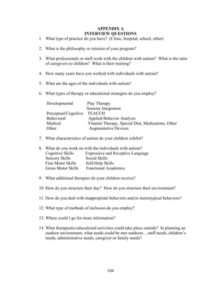 104
APPENDIX A
INTERVIEW QUESTIONS
1. What type of practice do you have? (Clinic, hospital, school, other)
2. What is the philosophy or mission of your program?
3. What professionals or staff work with the children with autism? What is the ratio
of caregivers to children? What is their training?
4. How many years have you worked with individuals with autism?
5. What are the ages of the individuals with autism?
6. What types of therapy or educational strategies do you employ?
Developmental Play Therapy
Sensory Integration
Perceptual/Cognitive TEACCH
Behavioral Applied Behavior Analysis
Medical Vitamin Therapy, Special Diet, Medications, Other
Other Augmentative Devices
7. What characteristics of autism do your children exhibit?
8. What do you work on with the individuals with autism?
Cognitive Skills Expressive and Receptive Language
Sensory Skills Social Skills
Fine Motor Skills Self-Help Skills
Gross Motor Skills Functional Academics
9. What additional therapies do your children receive?
10. How do you structure their day? How do you structure their environment?
11. How do you deal with inappropriate behaviors and/or stereotypical behaviors?
12. What type of methods of inclusion do you employ?
13. Where could I go for more information?
14. What therapeutic/educational activities could take place outside? In planning an
outdoor environment, what needs could be met outdoors…staff needs, children’s
needs, administrative needs, caregiver or family needs?
 