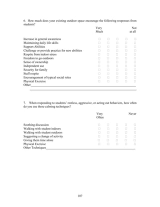 107
6. How much does your existing outdoor space encourage the following responses from
students?
Very Not
Much at all
Increase in general awareness
Maintaining daily life skills
Support Abilities
Challenge or provide practice for new abilities
Respite from indoor stress
Freedom to go outdoors
Sense of ownership
Independent use
Security for family
Staff respite
Encouragement of typical social roles
Physical Exercise
Other___________________________________________________________________
____________________________________________________________________
7. When responding to students’ restless, aggressive, or acting out behaviors, how often
do you use these calming techniques?
Very Never
Often
Soothing discussion
Walking with student indoors
Walking with student outdoors
Suggesting a change of activity
Giving them time alone
Physical Exercise
Other Techniques_________________________________________________________
 