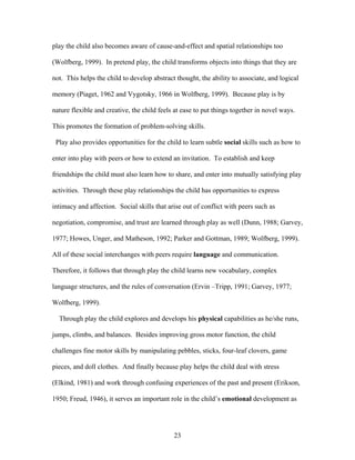 23
play the child also becomes aware of cause-and-effect and spatial relationships too
(Wolfberg, 1999). In pretend play, the child transforms objects into things that they are
not. This helps the child to develop abstract thought, the ability to associate, and logical
memory (Piaget, 1962 and Vygotsky, 1966 in Wolfberg, 1999). Because play is by
nature flexible and creative, the child feels at ease to put things together in novel ways.
This promotes the formation of problem-solving skills.
Play also provides opportunities for the child to learn subtle social skills such as how to
enter into play with peers or how to extend an invitation. To establish and keep
friendships the child must also learn how to share, and enter into mutually satisfying play
activities. Through these play relationships the child has opportunities to express
intimacy and affection. Social skills that arise out of conflict with peers such as
negotiation, compromise, and trust are learned through play as well (Dunn, 1988; Garvey,
1977; Howes, Unger, and Matheson, 1992; Parker and Gottman, 1989; Wolfberg, 1999).
All of these social interchanges with peers require language and communication.
Therefore, it follows that through play the child learns new vocabulary, complex
language structures, and the rules of conversation (Ervin –Tripp, 1991; Garvey, 1977;
Wolfberg, 1999).
Through play the child explores and develops his physical capabilities as he/she runs,
jumps, climbs, and balances. Besides improving gross motor function, the child
challenges fine motor skills by manipulating pebbles, sticks, four-leaf clovers, game
pieces, and doll clothes. And finally because play helps the child deal with stress
(Elkind, 1981) and work through confusing experiences of the past and present (Erikson,
1950; Freud, 1946), it serves an important role in the child’s emotional development as
 