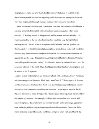 62
descriptions of plans, and activities behind the scenes” (Fullerton et al, 1996, p.75).
Social stories provide information regarding social situations and appropriate behavior.
They may be presented through pictures, pictures with words, or words alone.
Social stories describe situations, experiences, concepts, and rules of social behavior in
concrete terms to help the child with autism learn social nuances that others learn
naturally. If wording is used, it is kept simple and focuses on positive behavior. For
example, one child in the pre-school autistic class would eat soap during the hand
washing process. As this is not an acceptable social behavior (nor is it good for the
child’s digestive system) the special educator placed a social story on the wall beside the
sink and soap dish to eliminate this peculiar behavior. Pictures were taken to show the
appropriate use for soap. The caption under the picture of hands washing read “Soap is
for washing my hands not for eating.” Social stories should be individualized to meet the
needs and interests of the child. They should accommodate the child’s reading level and
be written in the first person.
Janet is also an author and has just published a book with a colleague, Nancy Kashman,
who is an occupational therapist. Their book, An OT and SLP Team Approach: Sensory
and Communication Strategies that Work, is an excellent resource for hands on sensory
integration strategies to use with children with autism. It was a great resource for this
thesis as it mentioned many strategies that I believe could be incorporated into an outdoor
therapeutic environment. For example, children with autism often have trouble with
handwriting tasks. To develop arm and shoulder muscles and to encourage appropriate
hand and wrist positions that are important to handwriting and other fine motor skills,
Nancy and Janet suggest having the child stand upright at an art wall, chalkboard, dry
 