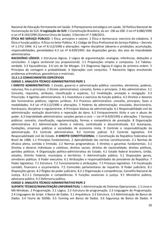 20
Nacional de Educação Permanente em Saúde. 9 Planejamento estratégico em saúde. 10 Política Nacional de
Humanização do SUS. II Legislação do SUS: 1 Constituição Brasileira, do art. 196 ao 200. 2 Lei nº 8.080/1990
e Lei nº 8.142/1990 (Sistema Único de Saúde). 3 Decreto nº 7.508/2011.
ÉTICA NO SERVIÇO PÚBLICO: 1 Ética, princípios e valores. 2 Ética e democracia: exercício da cidadania. 3
Ética e função pública. 4 Ética no Setor Público. 4.1 Código de Ética Profissional do Serviço Público – Decreto
nº 1.171/ 1994. 4.2 Lei nº 8.112/1990 e alterações: regime disciplinar (deveres e proibições, acumulação,
responsabilidades, penalidades) 4.3 Lei nº 8.429/1992: das disposições gerais, dos atos de improbidade
administrativa.
RACIOCÍNIO LÓGICO: 1 Estruturas lógicas. 2 Lógica de argumentação: analogias, inferências, deduções e
conclusões. 3 Lógica sentencial (ou proposicional). 3.1 Proposições simples e compostas. 3.2 Tabelas-
verdade. 3.3 Equivalências. 3.4 Leis de De Morgan. 3.5 Diagramas lógicos.4 Lógica de primeira ordem. 5
Princípios de contagem e probabilidade. 6 Operações com conjuntos. 7 Raciocínio lógico envolvendo
problemas aritméticos, geométricos e matriciais.
13.2.1.2 CONHECIMENTOS ESPECÍFICOS
CARGO 1: ANALISTA TÉCNICO ADMINISTRATIVO PGPE 1
I DIREITO ADMINISTRATIVO: 1 Estado, governo e administração pública: conceitos, elementos, poderes,
natureza, fins e princípios. 2 Direito administrativo: conceito, fontes e princípios. 3 Ato administrativo. 3.1
Conceito, requisitos, atributos, classificação e espécies. 3.2 Invalidação, anulação e revogação. 3.3
Prescrição. 4 Agentes administrativos. 4.1 Investidura e exercício da função pública. 4.2 Direitos e deveres
dos funcionários públicos; regimes jurídicos. 4.3 Processo administrativo: conceito, princípios, fases e
modalidades. 4.4 Lei nº 8.112/1990 e alterações. 5 Poderes da administração: vinculado, discricionário,
hierárquico, disciplinar e regulamentar. 6 Princípios básicos da administração. 6.1 Responsabilidade civil da
administração: evolução doutrinária e reparação do dano. 6.2 Enriquecimento ilícito e uso e abuso de
poder. 6.3 Improbidade administrativa: sanções penais e civis — Lei nº 8.429/1992 e alterações. 7 Serviços
públicos: conceito, classificação, regulamentação, formas e competência de prestação. 8 Organização
administrativa. 8.1 Administração direta e indireta, centralizada e descentralizada. 8.2 Autarquias,
fundações, empresas públicas e sociedades de economia mista. 9 Controle e responsabilização da
administração. 9.1 Controle administrativo. 9.2 Controle judicial. 9.3 Controle legislativo. 9.4
Responsabilidade civil do Estado. II DIREITO CONSTITUCIONAL: 1 Constituição da República Federativa do
Brasil de 1988. 1.1 Princípios fundamentais. 2 Aplicabilidade das normas constitucionais. 2.1 Normas de
eficácia plena, contida e limitada. 2.2 Normas programáticas. 3 Direitos e garantias fundamentais. 3.1
Direitos e deveres individuais e coletivos, direitos sociais, direitos de nacionalidade, direitos políticos,
partidos políticos. 4 Organização político-administrativa do Estado. 4.1 Estado federal brasileiro, União,
estados, Distrito Federal, municípios e territórios. 5 Administração pública. 5.1 Disposições gerais,
servidores públicos. 6 Poder executivo. 6.1 Atribuições e responsabilidades do presidente da República. 7
Poder legislativo. 7.1 Estrutura. 7.2 Funcionamento e atribuições. 7.3 Processo legislativo. 7.4 Fiscalização
contábil, financeira e orçamentária. 7.5 Comissões parlamentares de inquérito. 8 Poder judiciário. 8.1
Disposições gerais. 8.2 Órgãos do poder judiciário. 8.2.1 Organização e competências, Conselho Nacional de
Justiça. 8.2.1.1 Composição e competências. 9 Funções essenciais à justiça. 9.1 Ministério público,
advocacia pública. 9.2 Defensoria pública.
CARGO 2: ANALISTA TÉCNICO ADMINISTRATIVO PGPE 2
SUPORTE TÉCNICO/MANUTENÇÃO (INFORMÁTICA): 1 Administração de Sistemas Operacionais. 1.1 Linux e
MS-Windows. 2 Programação. 2.1 Lógica. 2.2 Estrutura de programação. 2.3 Linguagem de Programação.
2.4 Linguagens de Script. 3 Banco de Dados. 3.1 Arquitetura. 3.2 Estrutura. 3.3 Administração de Banco de
Dados. 3.4 Teoria de SGDBs. 3.5 Tunning em Banco de Dados. 3.6 Segurança de Banco de Dados. 4
 